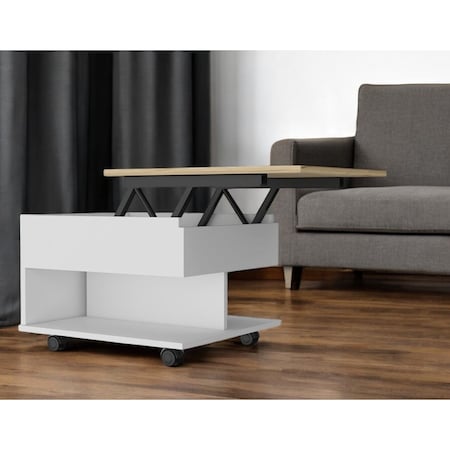 Homeroots 22" Natural And White Wood Lift Top Coffee Table With Two Shelves 535061