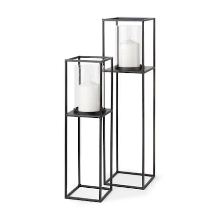 Homeroots Set of Two Black Geometric Metal And Glass Tabletop Hurricane Candle Holders, 2PK 608528