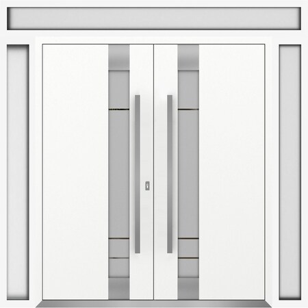 Vdomdoors Metal Double Doors Deux 1713 White Enamel Frosted Glass 2 Sidelights and Top Transom Entry Modern P DEUX1713DEXD-BEM-W16+72+16xH96+16-RH-I