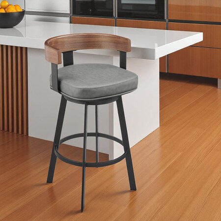 Homeroots 26" Gray and Black Faux Leather and Iron Low Back Counter Height Swivel Bar Chair 569162