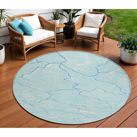 Homeroots 8' Aqua And Ivory Round Abstract Washable Indoor Outdoor Area Rug 601022