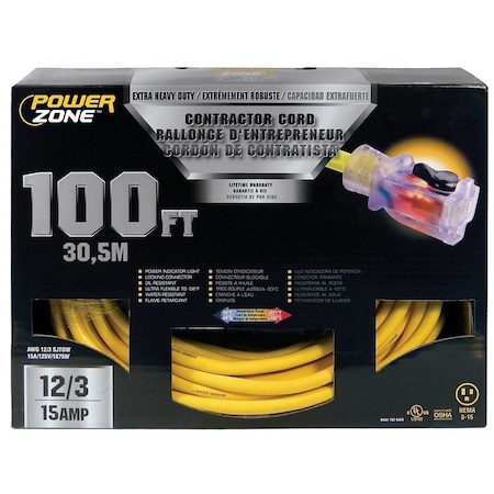 Powerzone Extension Cord, 12 AWG, Indoor/Outdoor, Yellow, 100 ft ORP511835