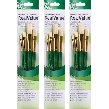 Princeton RealValue Brush Set, Natural Bristles, Short Handle Mixed Media Paintbrush, Green, 4-Piece Set, 3PK PR9112