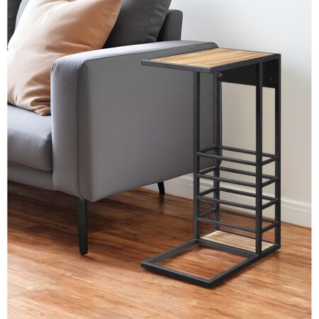 Homeroots 26" Brown and Black Wood and Iron C Table End Table With Magazine Holder And USB Port 544073