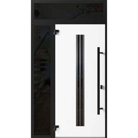 Vdomdoors Front Exterior Prehung Steel Door Ronex1055 Teak Sidelight and Transom Window Sidelite Entry Metal RONEX1055EXD-OAK-W36+14 X H80+16-RH-I