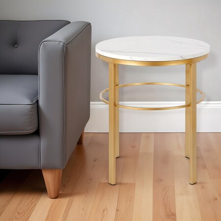 Homeroots 24" Brass And White Faux Marble And Steel Round End Table 544245