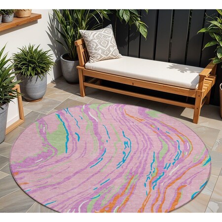 Homeroots 8' Pink Green And Teal Blue Round Abstract Washable Indoor Outdoor Area Rug 600248