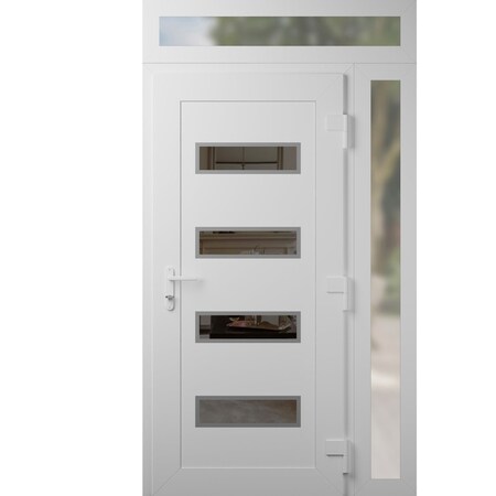 Vdomdoors Front Exterior Prehung Metal-Plastic Door, Manux 8113 White Silk, Side and Top Sidelite Transom, Of MANUX8113EXD-WS-W36+16xH80+14-LH
