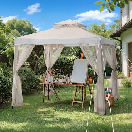 Sunjoy 8 ft x 8 ft Patio Gazebo, Modern 2-Tier Steel Frame Soft Top Gazebo with Netting - Beige & White A101003612