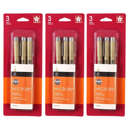 Sakura Pigma Micron Pens, Size 03 Fine Point, Black, 3PK 50021