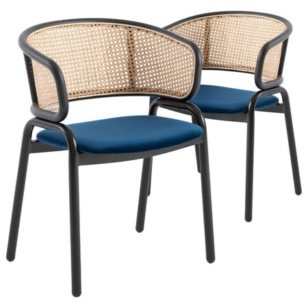 Leisuremod Ervilla Dining Chair with Stainless Steel Legs Velvet Seat and Wicker Back, Navy Blue, 2PK EC20NBU2
