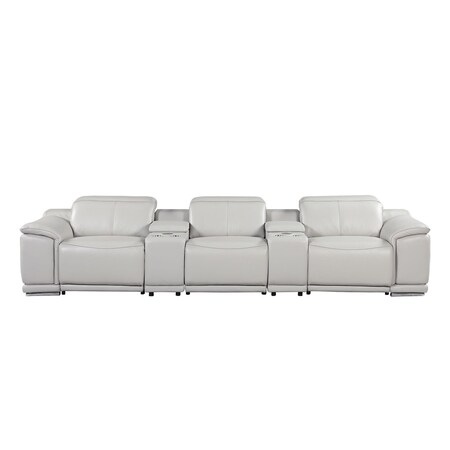 Homeroots 134" Light Gray Italian Leather Reclining Metal USB Sofa 720297