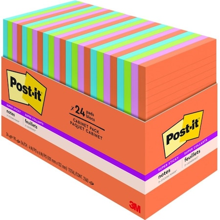 Post-It Pads in Energy Boost Collection Colors, Note Ruled, 4" x 6", 45 Sheets/Pad, PK24 7100260205
