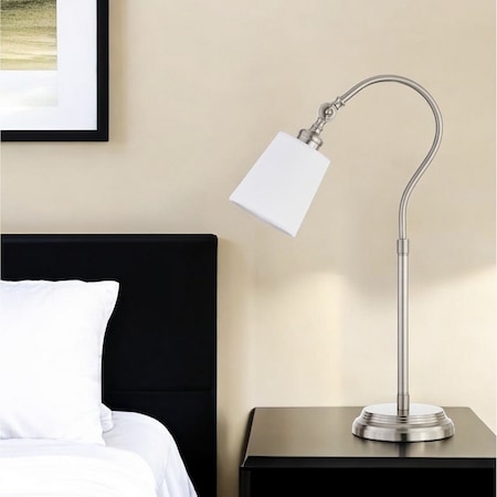 Homeroots 25" Nickel Metal Arched Table Lamp With White Drum Shade 524481