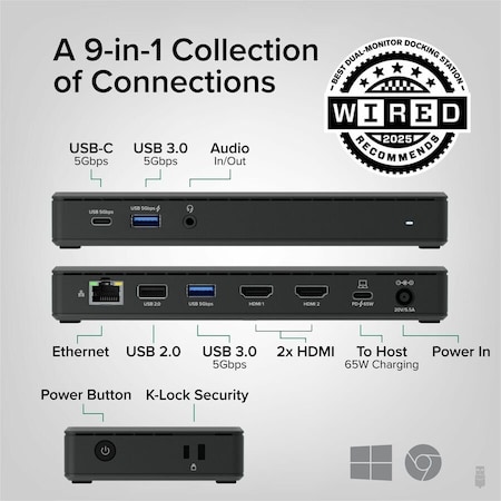 Plugable USB-C Dual HDMI Docking Station with 65W Power Delivery UD-MSTH2