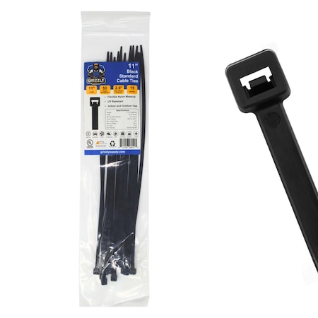 Grizzly Supply Cable Tie, 11 in L, 50 lb Strength, 3.2 in Max Bundle Dia, Nylon 6/6, UV Resistant, Black, 15PK GS-S11-50-0N