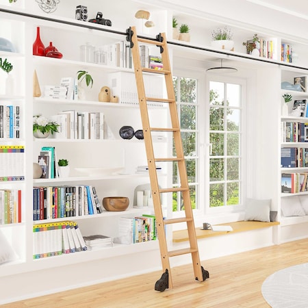 Quiet Glide 8.06 ft. Red Oak Sunburst Wheel Black Rolling Ladder, 12 ft. Rail QG.210-8RO-12-H.08