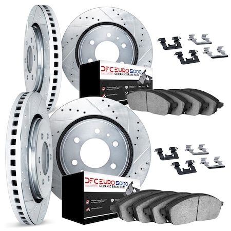 Dynamic Friction Co DFC Rotors-Drilled & Slotted-Silver w/ EURO 5000 Ceramic Brake Pads Incl Hdw 7614-48003
