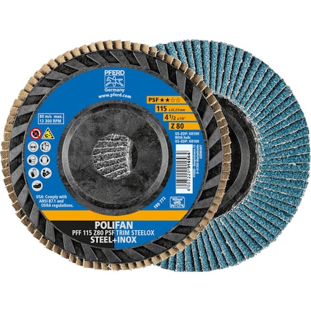 Pferd 4-1/2'' x 7/8'' A.H. POLIFAN Flap Disc - Z PSF TRIM STEELOX, Zirconia, 80 Grit, Flat 68100