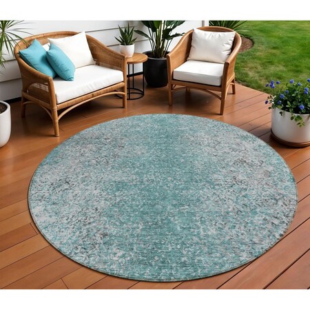 Homeroots 8' Teal Blue Gray And Charcoal Round Oriental Washable Indoor Outdoor Area Rug 588842