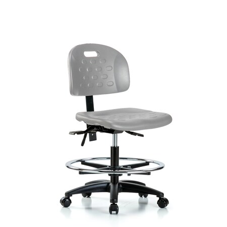 Blue Ridge Ergonomics Polyurethane Chair - Medium Bench Height with Chrome Foot Ring & Casters in Gray Polyurethane HPMBCH-RG-T0-A0-CF-RC-GRY