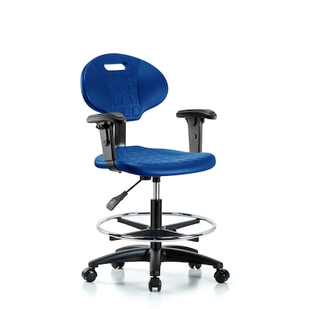 Blue Ridge Ergonomics Erie Poly Chair, Med Bench, Foot Ring, Arms, Casters, Blue BR-TPMBCH-RG-A1-CF-RC-BLU