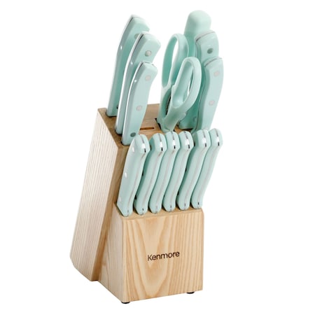 Kenmore Kane 14 Piece Stainless Steel Cutlery Set in Glacier Blue with Rubber Wood Block 127622.14