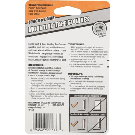 Gorilla Glue Glue 1'' x 1'' 7 Lb. Capacity Permanent Clear Mounting Squares, 24PK 6067202