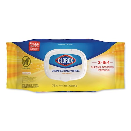 Clorox Disinfecting Cleaning Wipes, Flex Pack, 1-Ply, 8 x 7, Lemon Scent, White, 75 Towels 31404