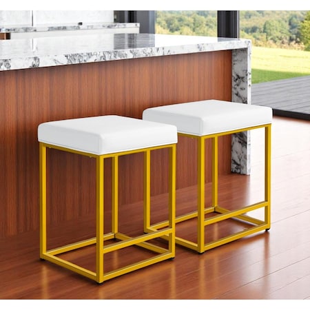 Homeroots Set of Two 24" White and Gold Faux Leather and Metal Backless Counter Height Bar Chairs 555304