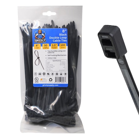 Grizzly Supply Double Loop Cable Tie, 8 in L, 50 lb Strength, 2.0 in Max Bundle Dia, Nylon, UV-Rated, Black, 100PK GS-DL8-50-0C