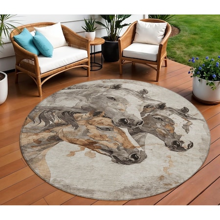 Homeroots 8' Beige And Gray Round Horse Washable Indoor Outdoor Area Rug 618669