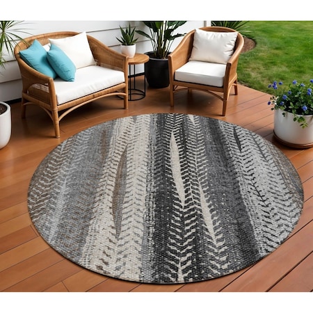 Homeroots 8' Brown Gray And Ivory Round Botanical Leaves Washable Indoor Outdoor Area Rug 581932