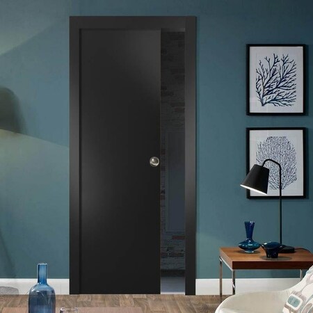 Sartodoors Sliding Pocket Door with Frames, Planum 0010 Matte Black, Kit Trims Rail Hardware, Solid Wood Inter PLANUM0010PD-BLK-18