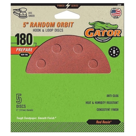 Gator Sanding Disc, 5 in Dia, 180 Grit, Very Fine, Aluminum Oxide Abrasive, Vented 3722