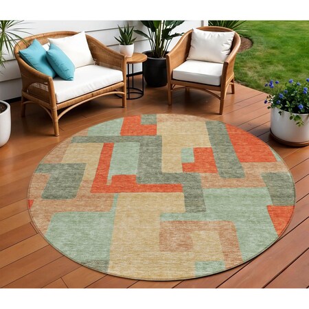 Homeroots 8' Sage Gray And Orange Round Geometric Washable Indoor Outdoor Area Rug 613231