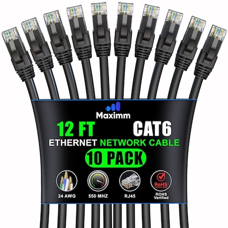 Maximm Cat6 Ethernet Cable 12ft 10Gbps 550MHz UTP, 10PK, Black, 10PK CAT6CCA-12BK-10PK
