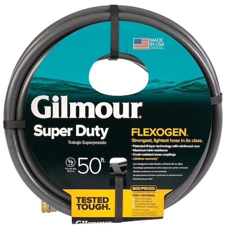 Gilmour Flexogen Heavy-Duty Garden Hose, 5/8 in, 50 ft L, Brass/PVC, Black 874501-1021