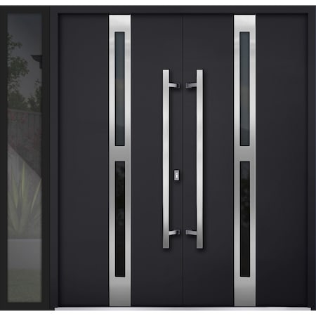 Vdomdoors Steel Double Doors Deux 1755 Black Enamel Sidelight Exterior Window Stainless Inserts Single Modern DEUX1755DEXD-BLK-RH-W72+16 x H80