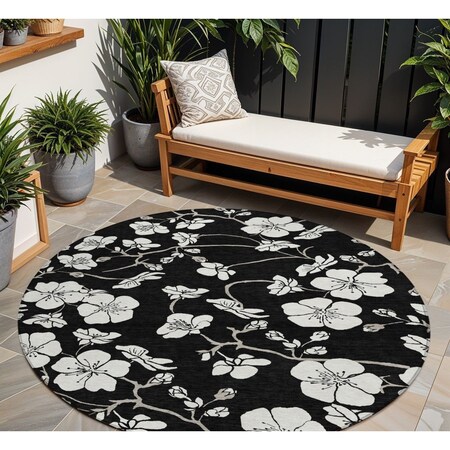 Homeroots 8' Black Ivory And Gray Round Floral Washable Indoor Outdoor Area Rug 599864