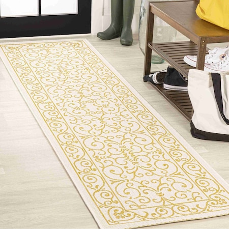 Jonathan Y Charleston Vintage Filigree Textured Weave Cream/Yellow 2 ft. x 8 ft. Indoor/Outdoor Runner Rug SMB106M-28