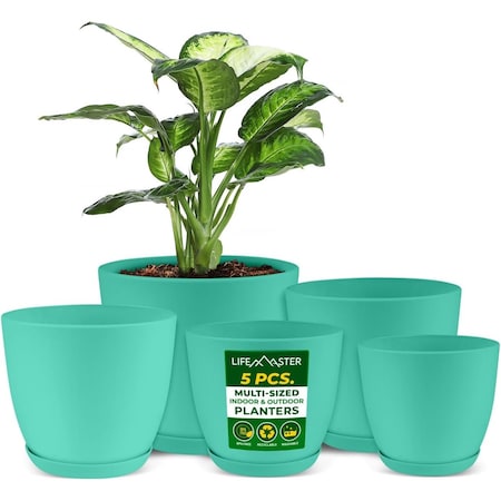 Lifemaster Planter Pots with Drainage Holes, Lightweight, Durable, Space-Saving, Aqua, 5PK LMFLOPAQA55
