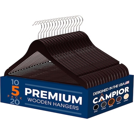 Campior Cherry Wooden Hangers, Heavy-Duty with 360 Deg Swivel Hook, Non-Slip, Pants Bar, 5PK CMPWH5CY