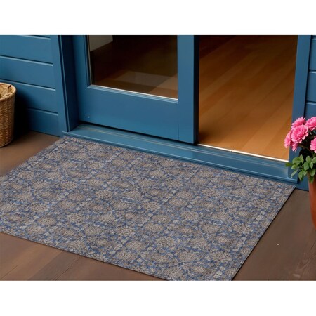 Homeroots 3' X 5' Navy Blue Beige And Taupe Floral Washable Indoor Outdoor Area Rug 582290