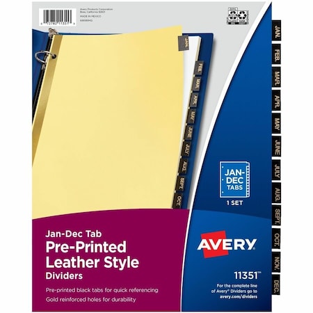 Avery Dennison Avery A to Z Gold Line Black Leather Tab Divider, Printed A to Z, 8.5"x11", 25 Tabs, Buff/Black 11350