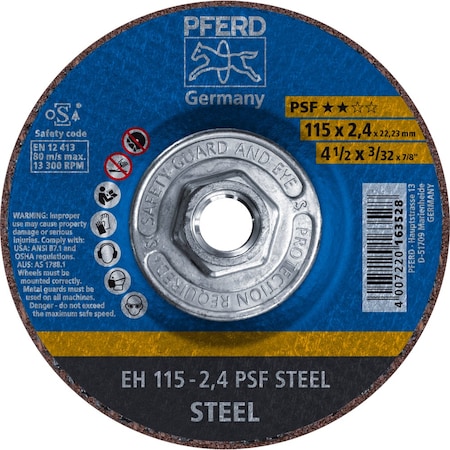Pferd Cut-Off Wheel, Type 27, 4-1/2 in Dia, 3/32 in Thick, 5/8 in-11 Arbor Hole Size, Aluminum Oxide 69913