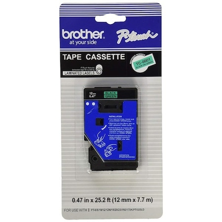 Brother 12mm 1/2in Black on Green Laminated Tape 7.7m/25.2' 1/Pkg TC8001