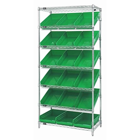 Quantum Storage Systems WIRE SHELVING UNIT W/18 GREEN BINS WRS-7-110GN
