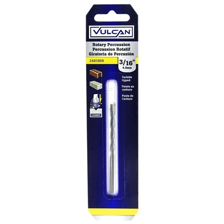 Vulcan 201091OR Drill Bit, 3/16 in Dia, 4 in OAL, Percussion, Spiral Flute, Straight Shank PTA250705/201091O