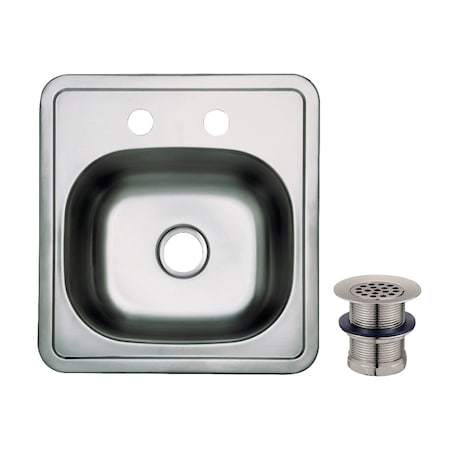 Kingston Brass 15-Inch Stainless Steel Self-Rimming Single Bowl Drop-In Bar Prep Sink, 2-Hole with Strainer KGKTS15158